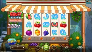 Tampilan antarmuka seluler gim slot Fruit Shop Grand Re-Opening dengan grafis buah yang cerah.
