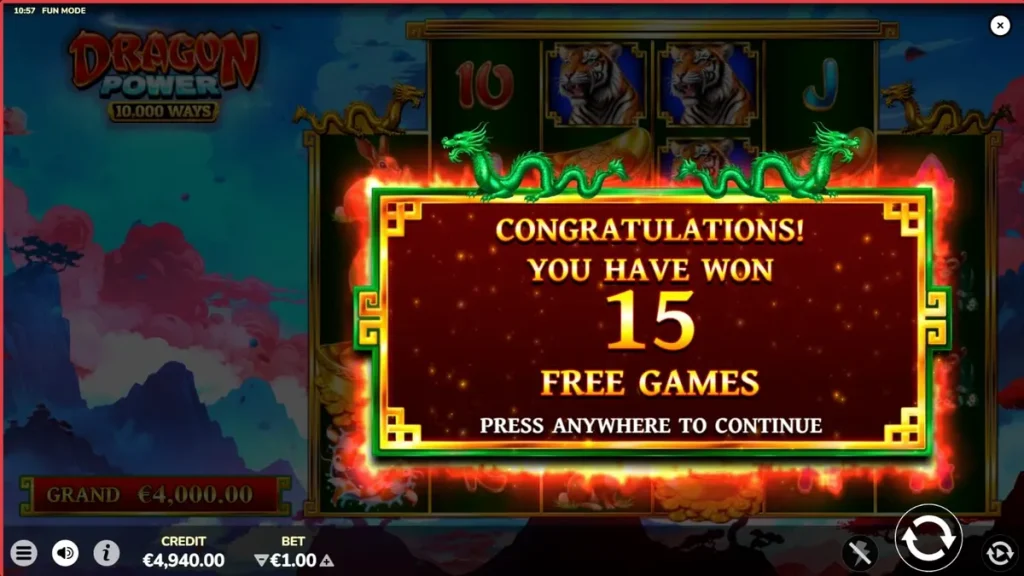 Tampilan antarmuka mobile slot Dragon Power 10,000 Ways dengan nuansa emas dan merah yang elegan.