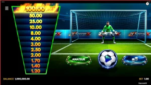 Pemandangan stadion sepak bola dalam permainan slot SoccerX dengan kiper yang siap menjaga gawang.