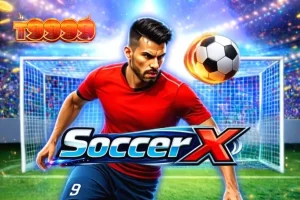 Tampilan visual lapangan sepak bola dalam permainan slot SoccerX dengan kiper dan tangga pengali