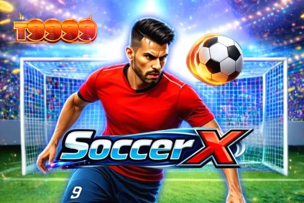 Tampilan visual lapangan sepak bola dalam permainan slot SoccerX dengan kiper dan tangga pengali